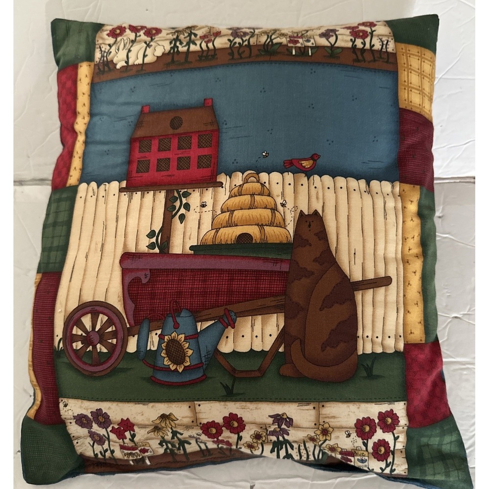Vintage Handmade Throw Pillow Birdhouse Fat Cat Beehive Garden 13x15 Double Side